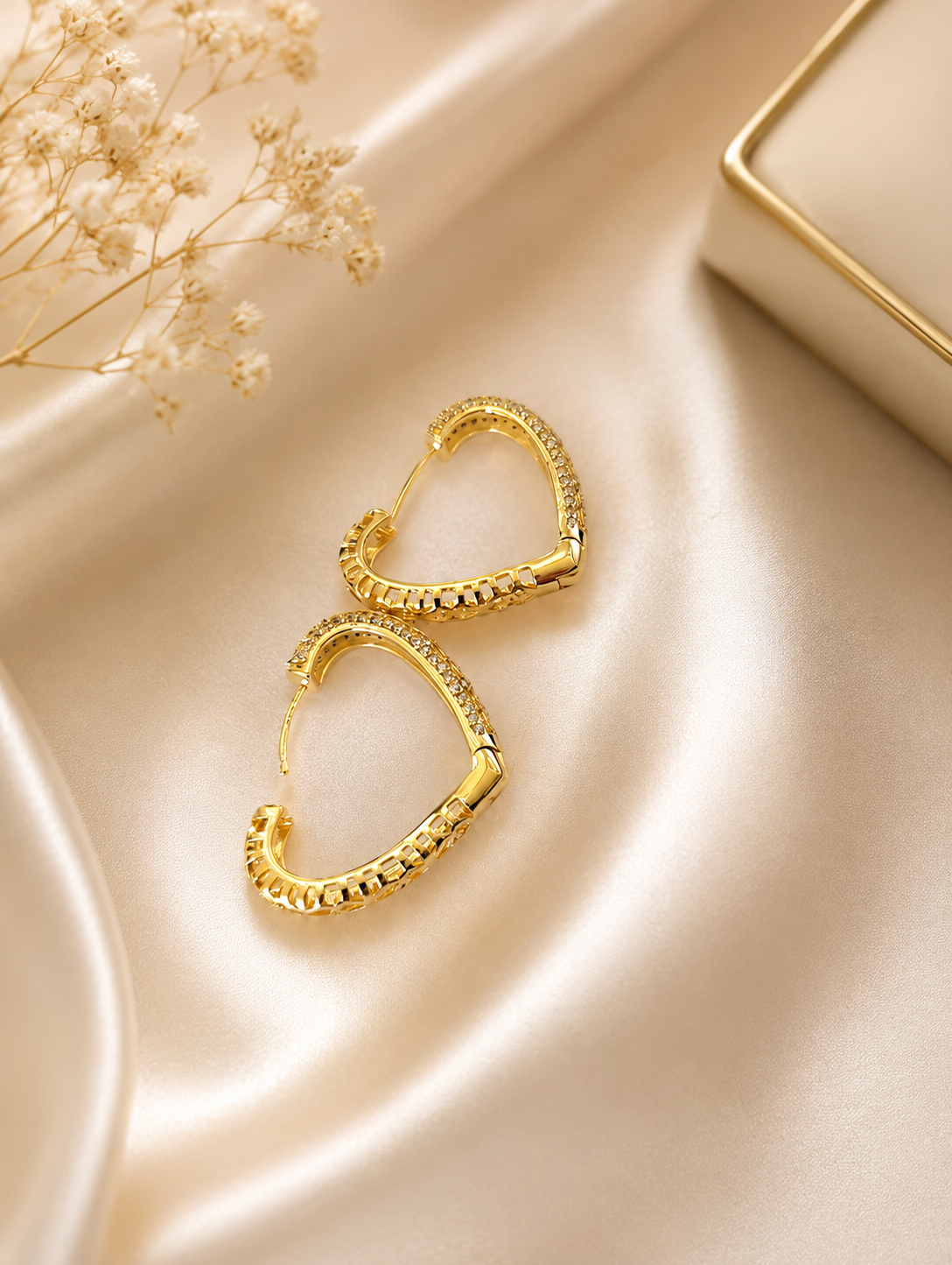 Gold CZ Pavé Heart Hoop Earrings