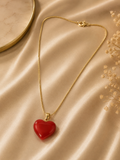 Gold Red Puffy Heart Pendant Box Chain Necklace