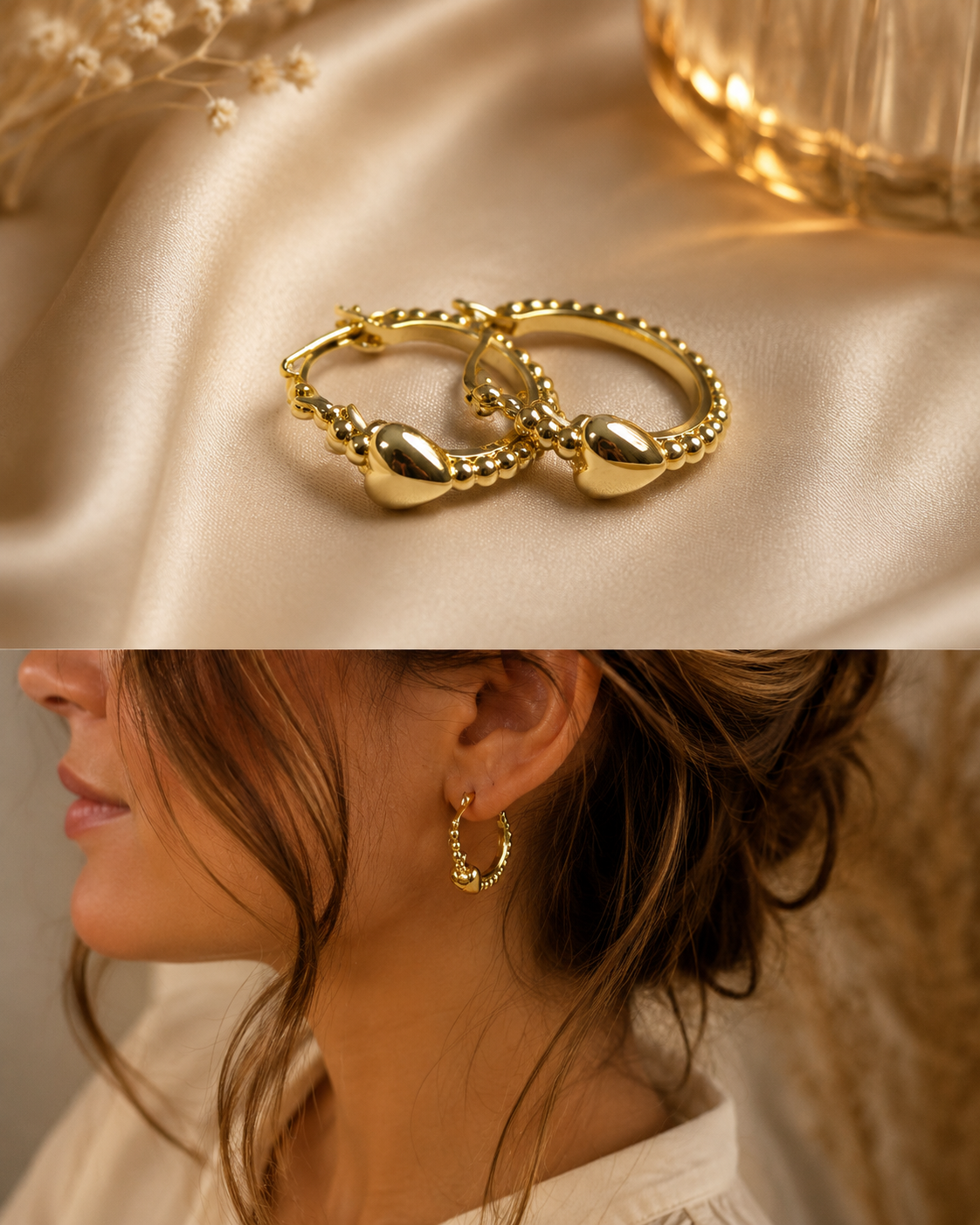 Gold Beaded Hoop Earrings with Teardrop Charm