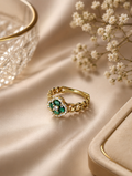 Gold Chain Heart Ring with Emerald & CZ Stones size 9