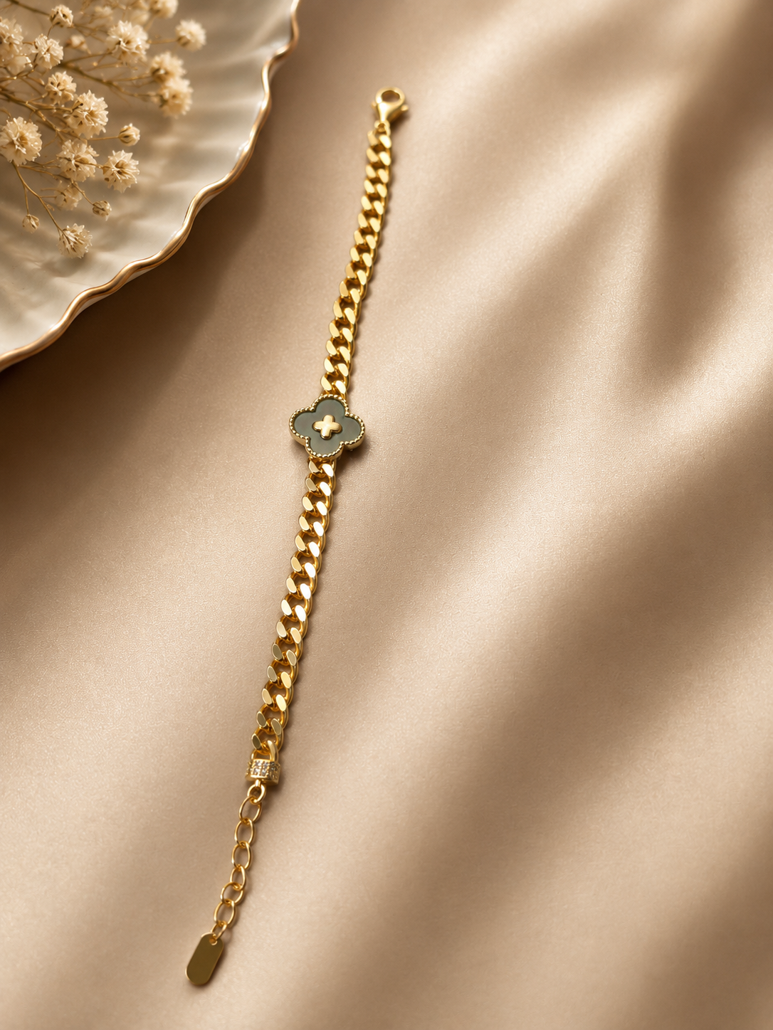 Gold Cuban Link Bracelet with Black Clover Charm