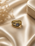 Gold Bezel-Set Blue CZ Solitaire Ring with Channel Band size 6
