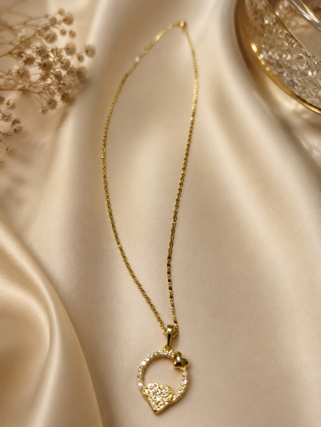 Gold Double Heart Pavé Necklace