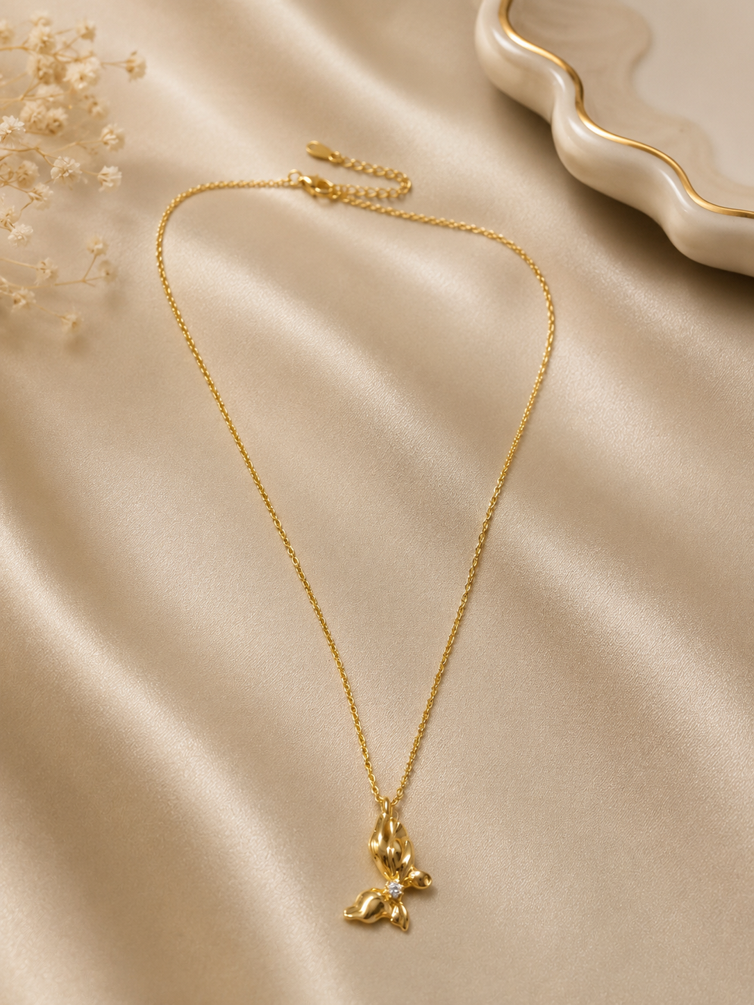 Gold 3D Butterfly Pendant Necklace with Crystal Center