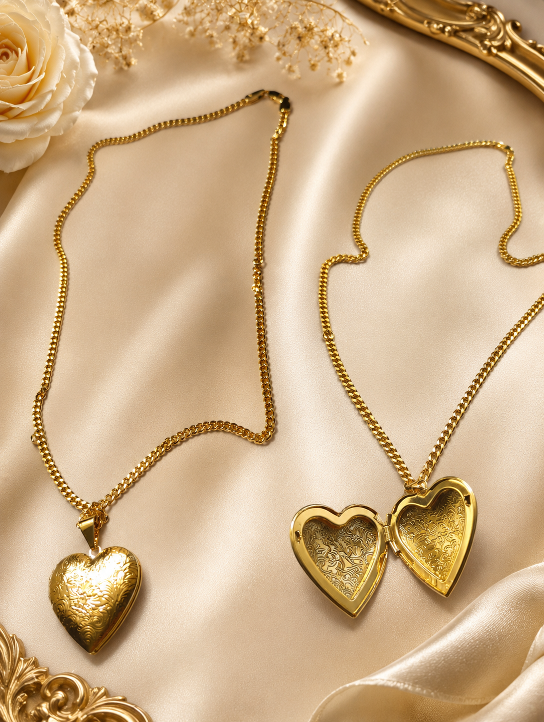 Gold Engraved Heart Locket Necklace – Vintage Floral Keepsake Pendant
