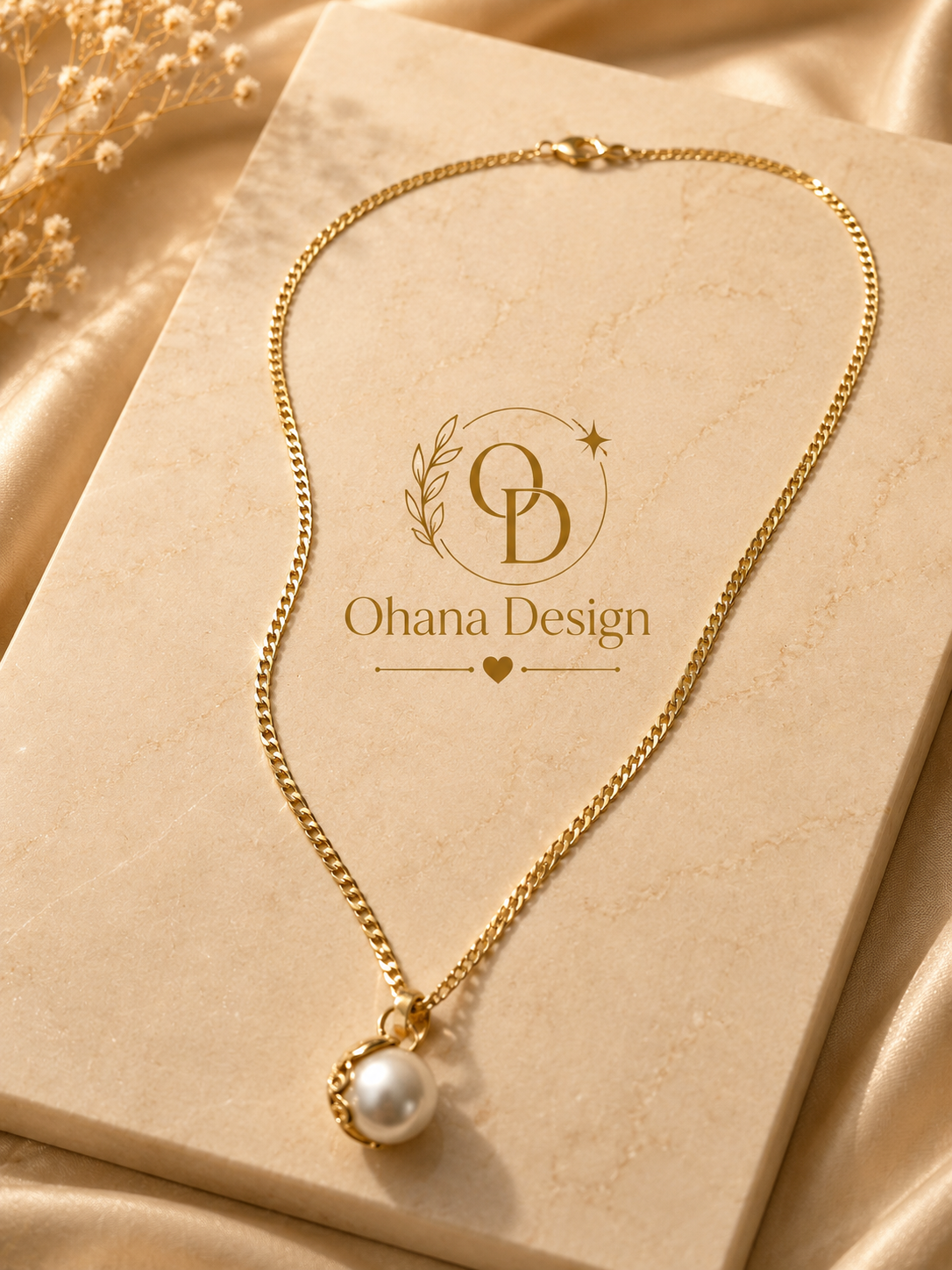 Gold Pearl Pendant Cuban Chain Necklace