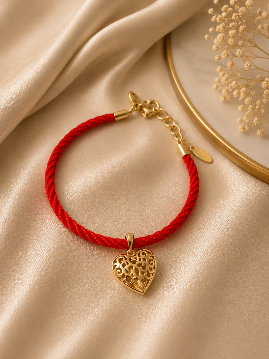 Gold Filigree Heart Red Rope Bracelet