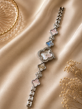 Silver Clover Bracelet Watch – Mother-of-Pearl Dial Crystal Halo Ladies Watch