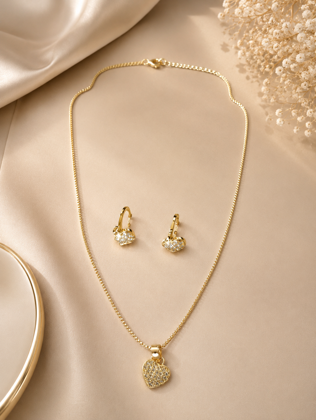 Gold Crystal Pavé Heart Necklace & Earrings Set
