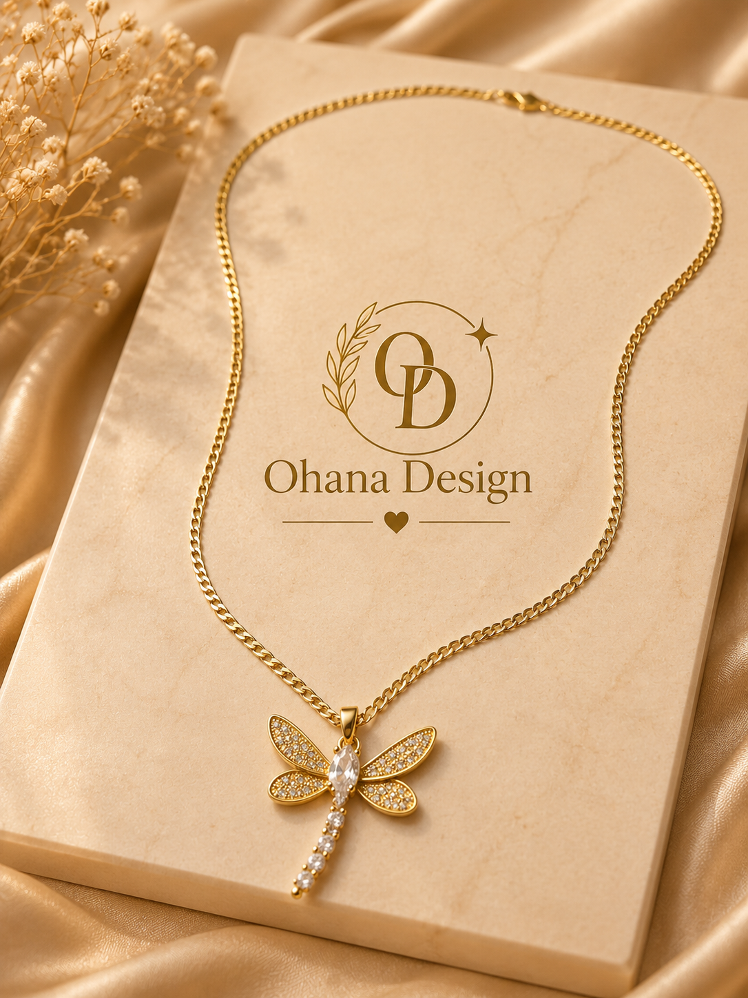 Gold Crystal Dragonfly Pendant  Chain Necklace