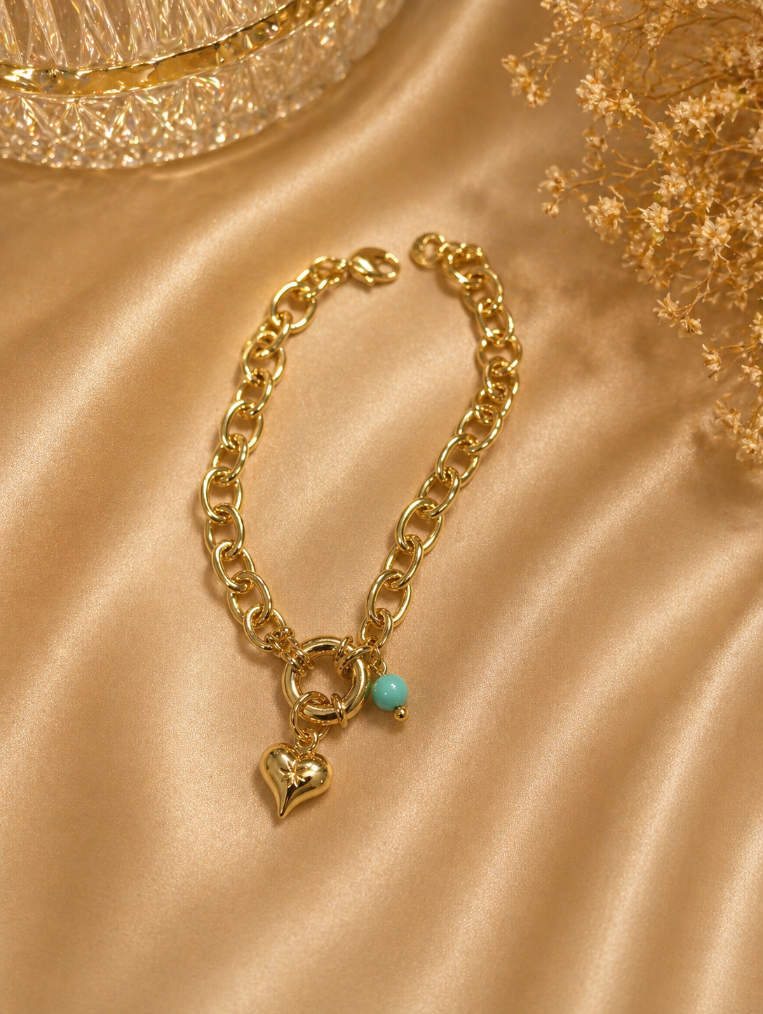 Gold Chunky Chain Bracelet with Puffy Heart & Turquoise Charm