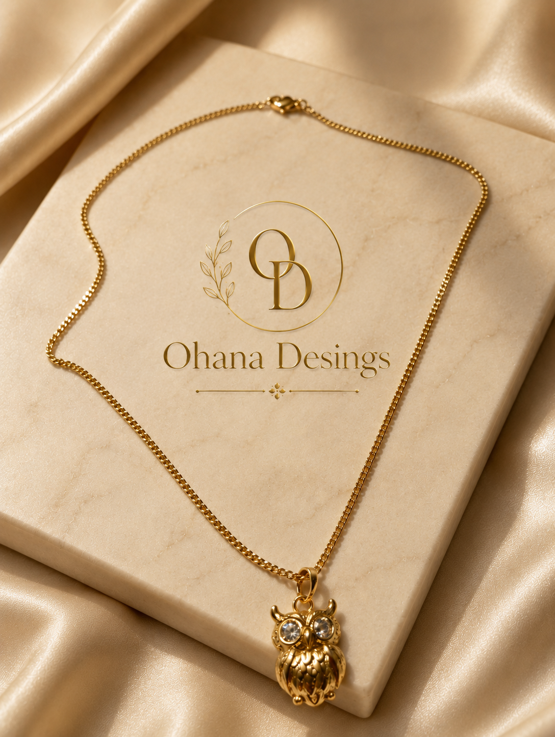 Gold Owl Pendant Cuban Chain Necklace
