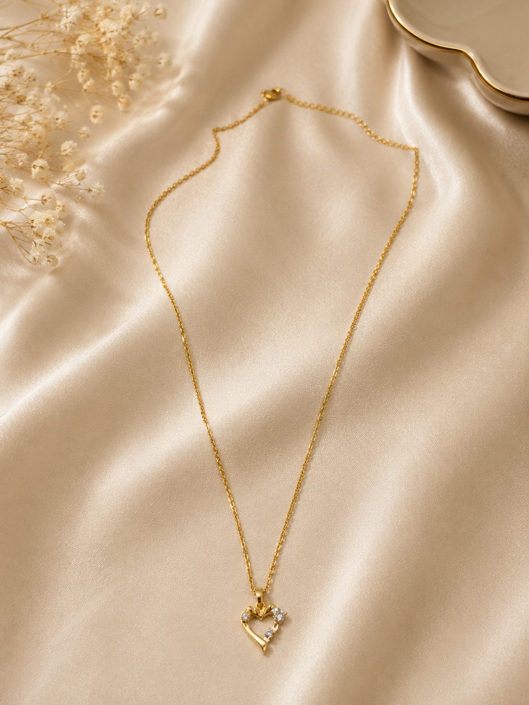 Gold Open Heart Pendant Necklace with Pavé Crystal Accent