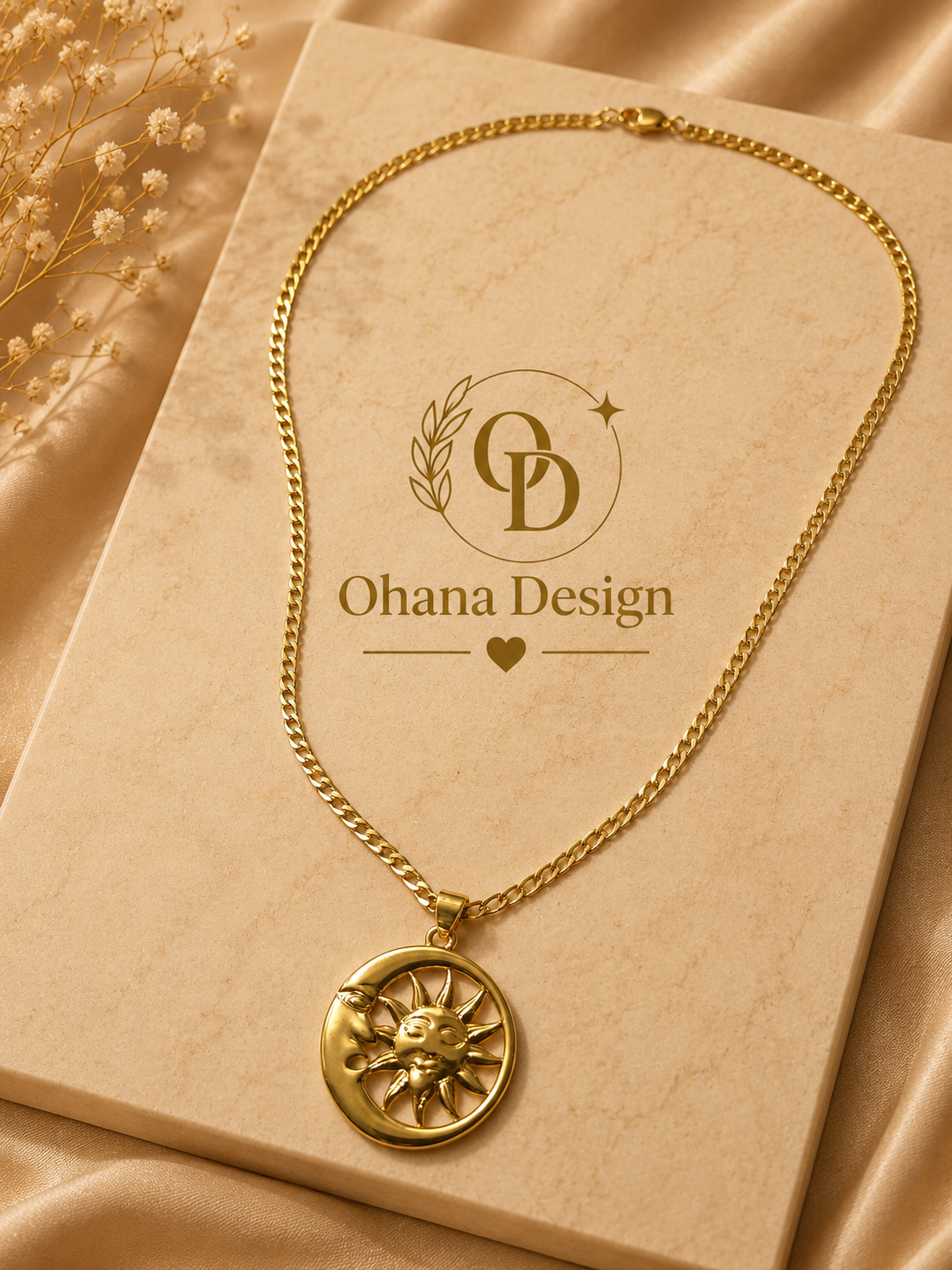 Gold Sun Face Coin Pendant  Chain Necklace