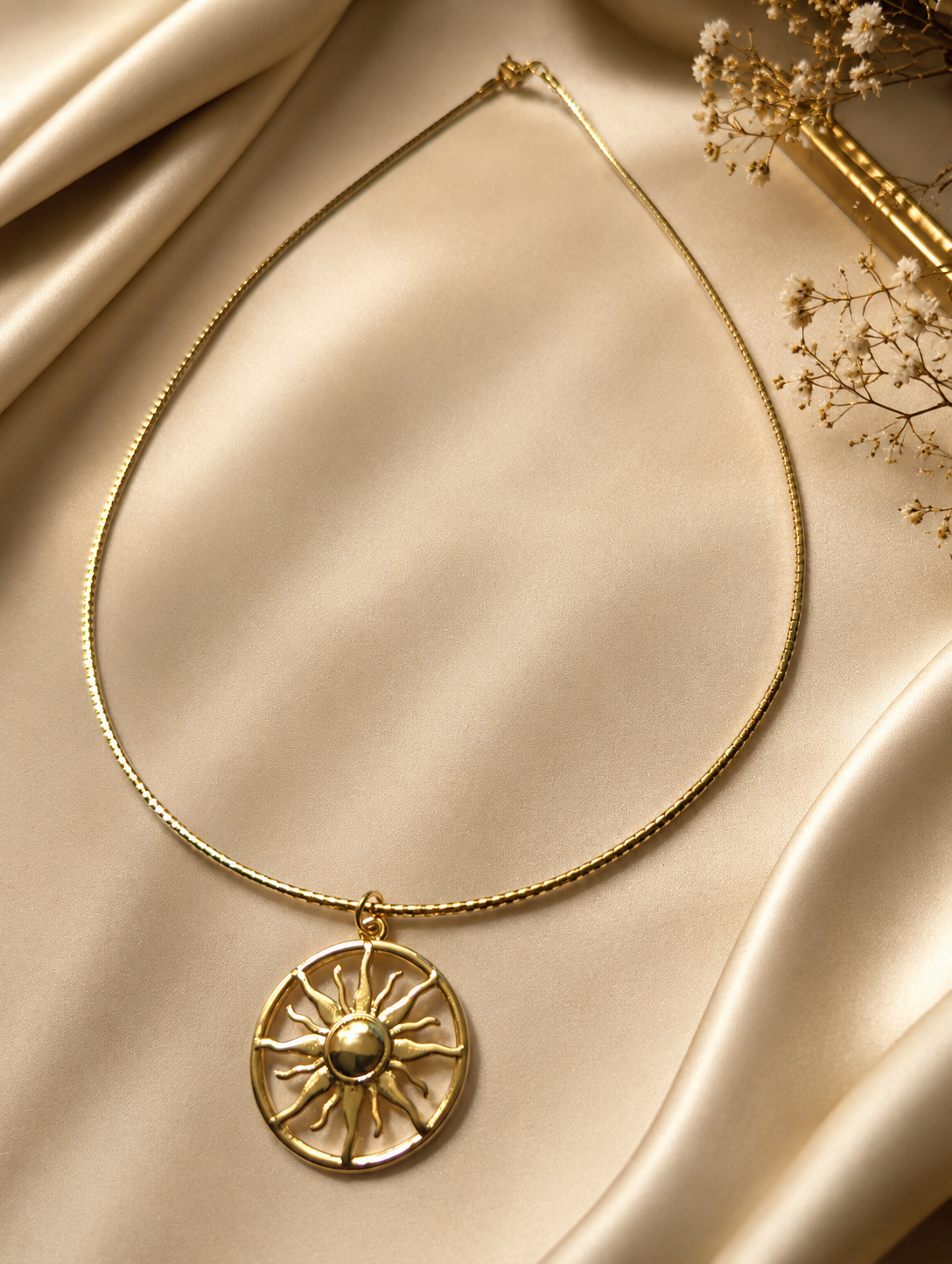 Gold Sun Medallion Pendant Box Chain Necklace