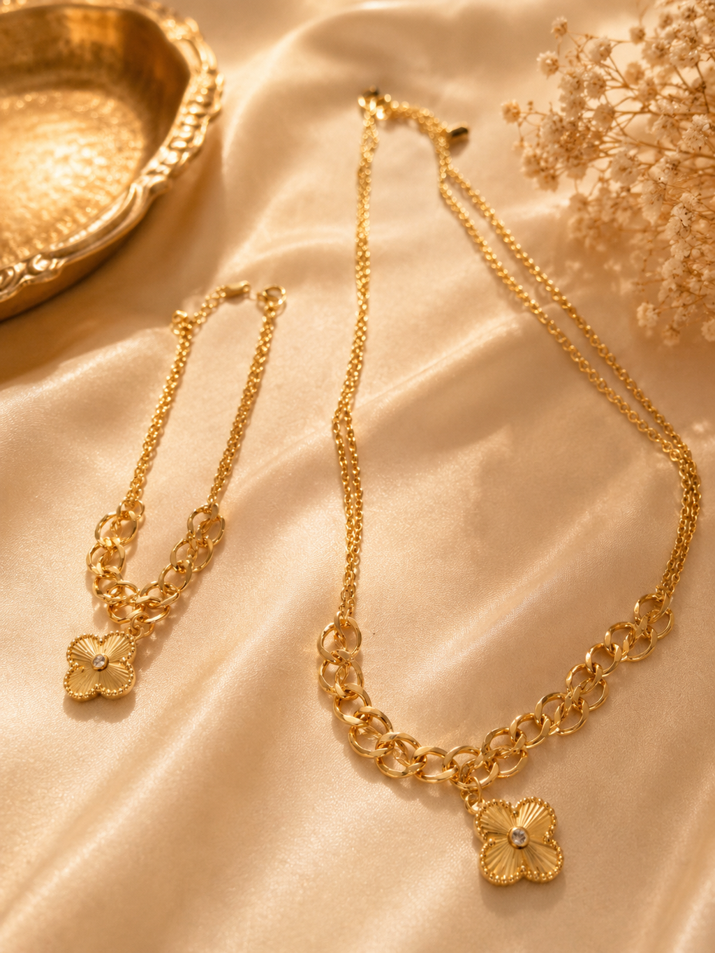 Gold Four-Leaf Clover Chain Necklace & Bracelet Set