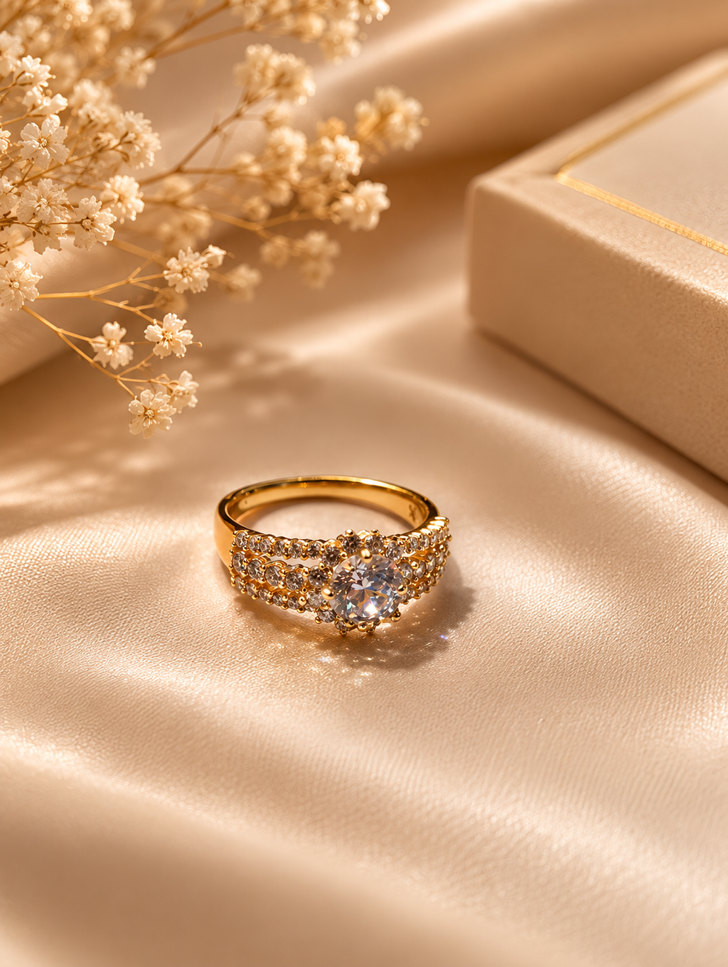 Gold Triple-Band CZ Solitaire Ring size 8