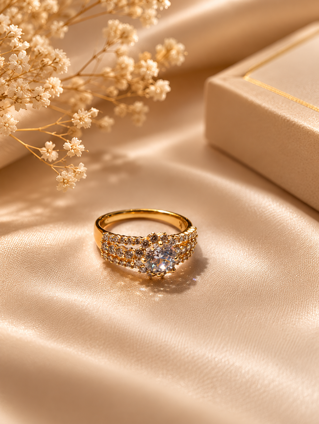 Gold Triple-Band CZ Solitaire Ring size 8
