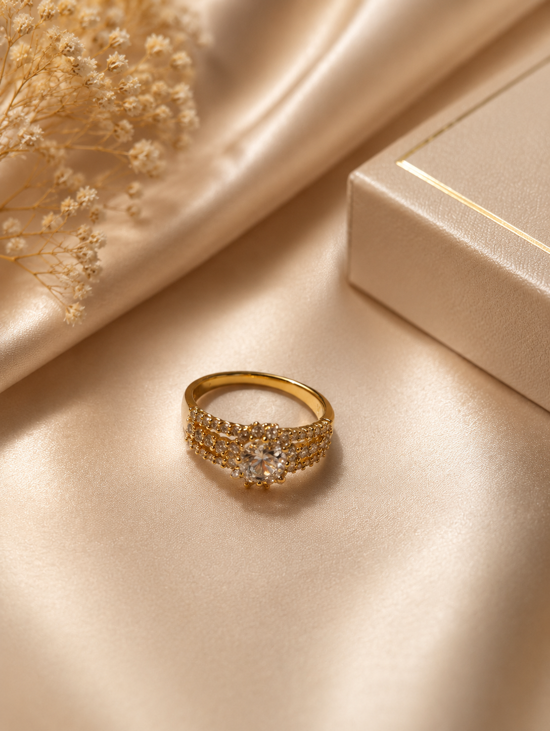 Gold Triple-Band CZ Solitaire Ring size 8