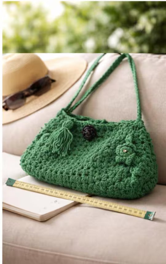 Green Crochet Crossbody Bag – Handmade Boho Shoulder Bag with Rose & Tassel