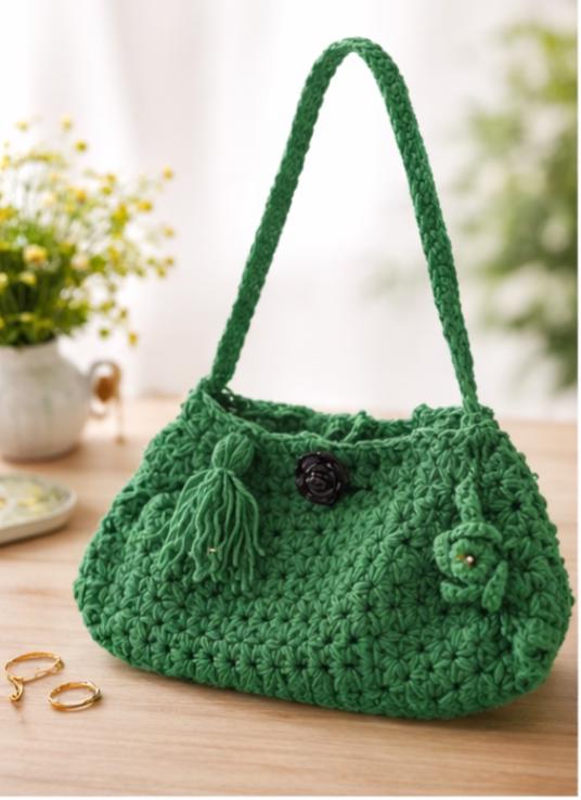 Green Crochet Crossbody Bag – Handmade Boho Shoulder Bag with Rose & Tassel