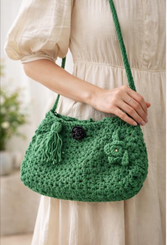 Green Crochet Crossbody Bag – Handmade Boho Shoulder Bag with Rose & Tassel