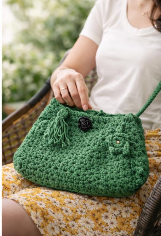 Green Crochet Crossbody Bag – Handmade Boho Shoulder Bag with Rose & Tassel