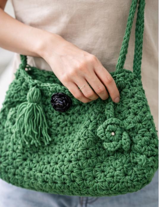 Green Crochet Crossbody Bag – Handmade Boho Shoulder Bag with Rose & Tassel